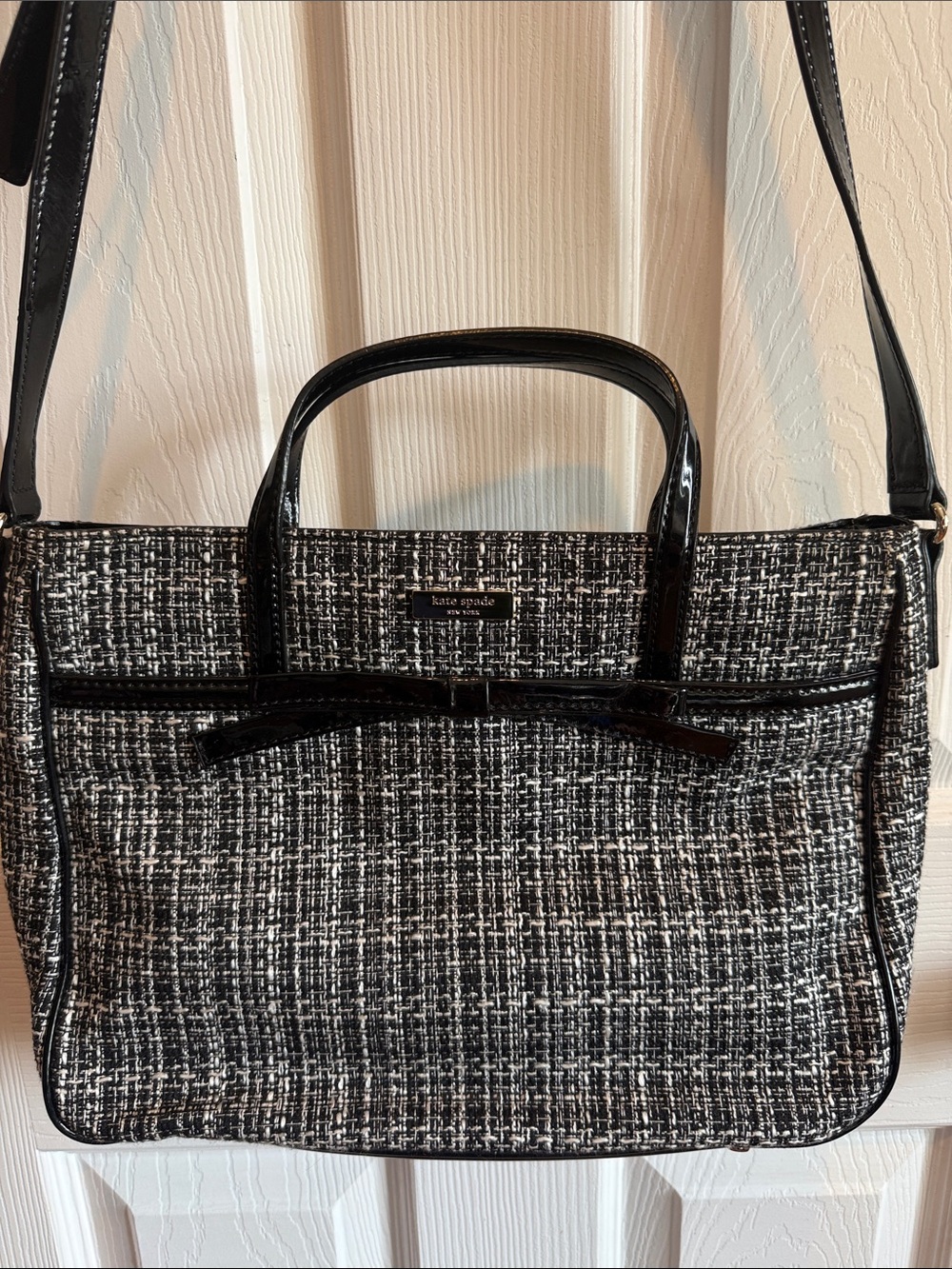 kate spade Black and White Tweed Satchel with Patent Trim